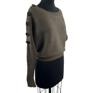 ZARA Olive Green Crop Sweater Ribbed Knit Wood Buttons Dolman Sleeve S Small